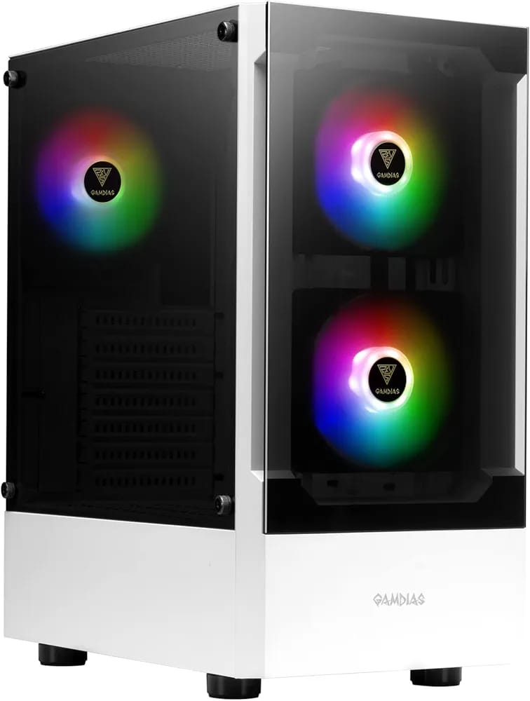 صندوق كمبيوتر GAMDIAS TALOS E3 WH MID TOWER ATX مع 3مراوح لوح زجاجي جانبي لون ابيض