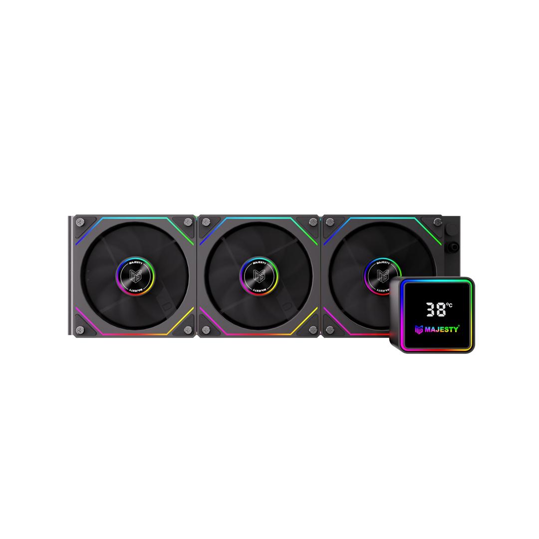 مبرد مائي ماجيستي 360mm ARGB CPU Cooler – شاشة ديجيتال 2.8 بوصة لعرض الحرارة، ثلاث مراوح 120mm، متوافق مع Intel وAMD، لون أسود